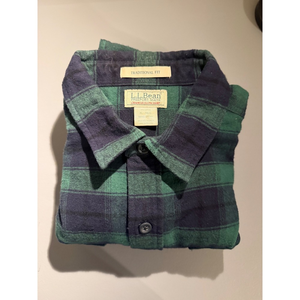 VTG LL Bean Chamois Cloth Shirt Mens XL Green Navy Blue Plaid Flannel 277981